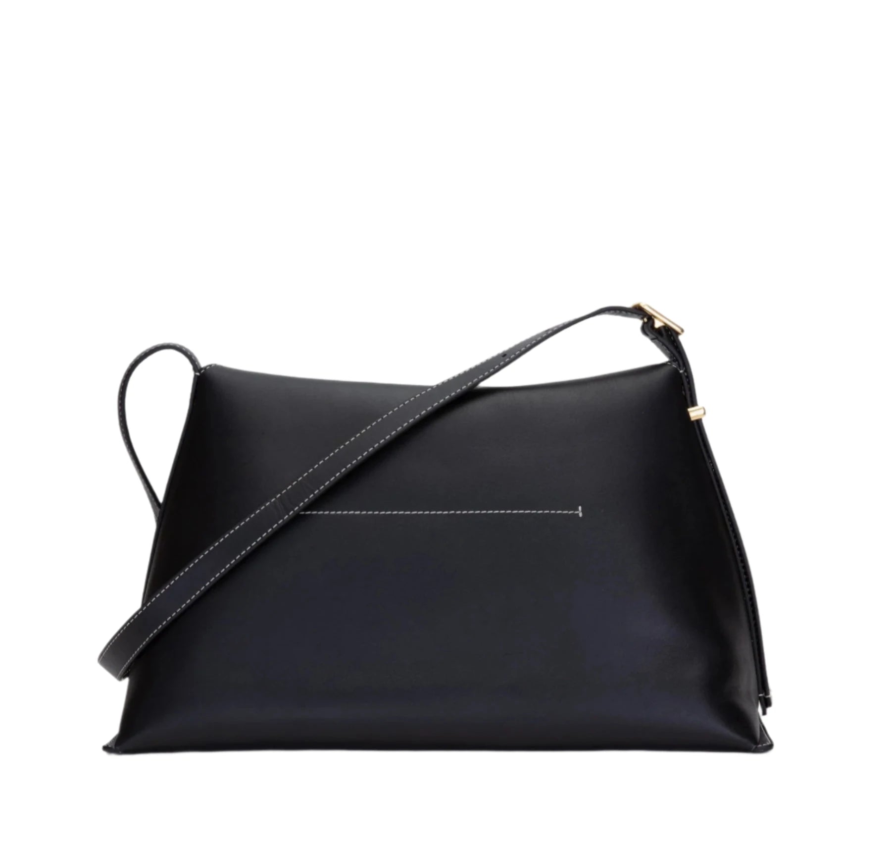 3.1 Phillip Lim ID Soft Shoulder Bag Woven Combo in black leather and suede, featuring white stitching and a gold buckle on the adjustable shoulder strap.