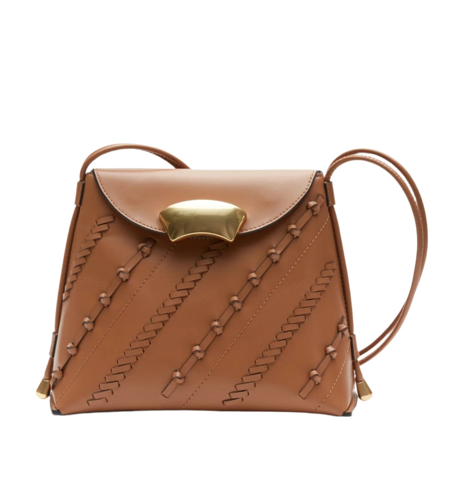 The 3.1 Phillip Lim ID Petite Soft Shoulder Bag from 3.1 Phillip Lim is crafted from brown lambskin leather, features diagonal stitch detailing with a gold clasp, and comes with a structured handle.