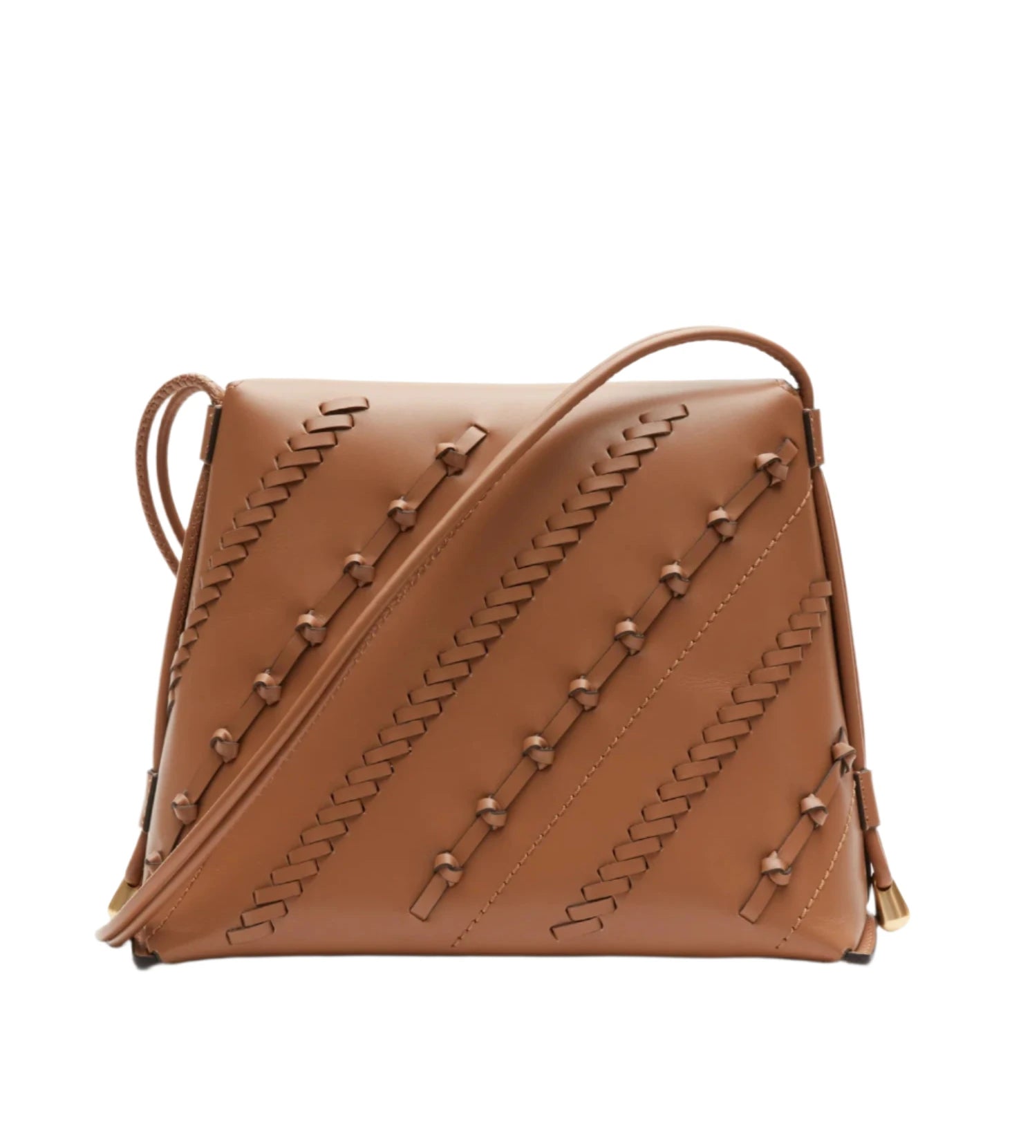 The 3.1 Phillip Lim ID Petite Soft Shoulder Bag Leather Craft, by 3.1 Phillip Lim, is a brown lambskin leather handbag with a crossbody strap, showcasing elegant diagonal hand-woven detailing.