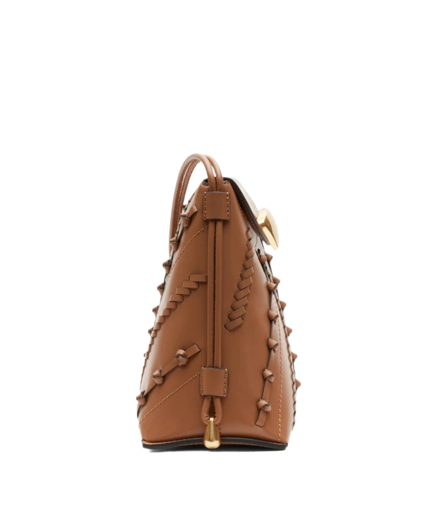 Side view of the 3.1 Phillip Lim ID Petite Soft Shoulder Bag Leather Craft, crafted from rich brown lambskin leather and adorned with intricate hand-woven braided and knotted details, finished with a luxurious gold clasp.