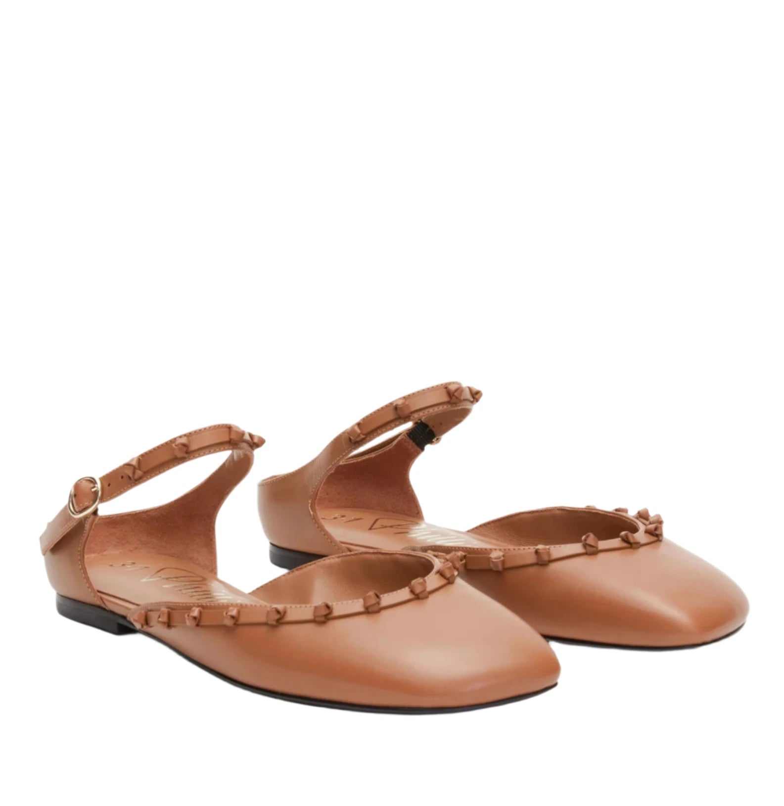 Introducing the 3.1 Phillip Lim ID Mary Jane Flat Leather Craft by 3.1 Phillip Lim: a pair of tan leather ballet flats featuring ankle straps, a sculpted toe, and decorative studs along the edges.