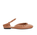 The 3.1 Phillip Lim ID Mary Jane Flat Leather Craft is a brown ballet flat with an ankle strap, featuring a design inspired by the classic Mary Jane style and accented with studded trim, set against a white background.