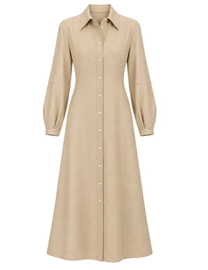 The Poet Dress by Callas Milano is a beige long-sleeve flannel shirt dress featuring a collared neckline, button-down front, fitted waist, and subtly flared skirt with delicate lantern sleeves.