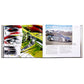 An open book, "Porsche 70 Years: There is No Substitute" by Graphic Image, shows car design sketches on the left and a photo of a silver Porsche with mountains behind on the right, plus text highlighting automotive history.