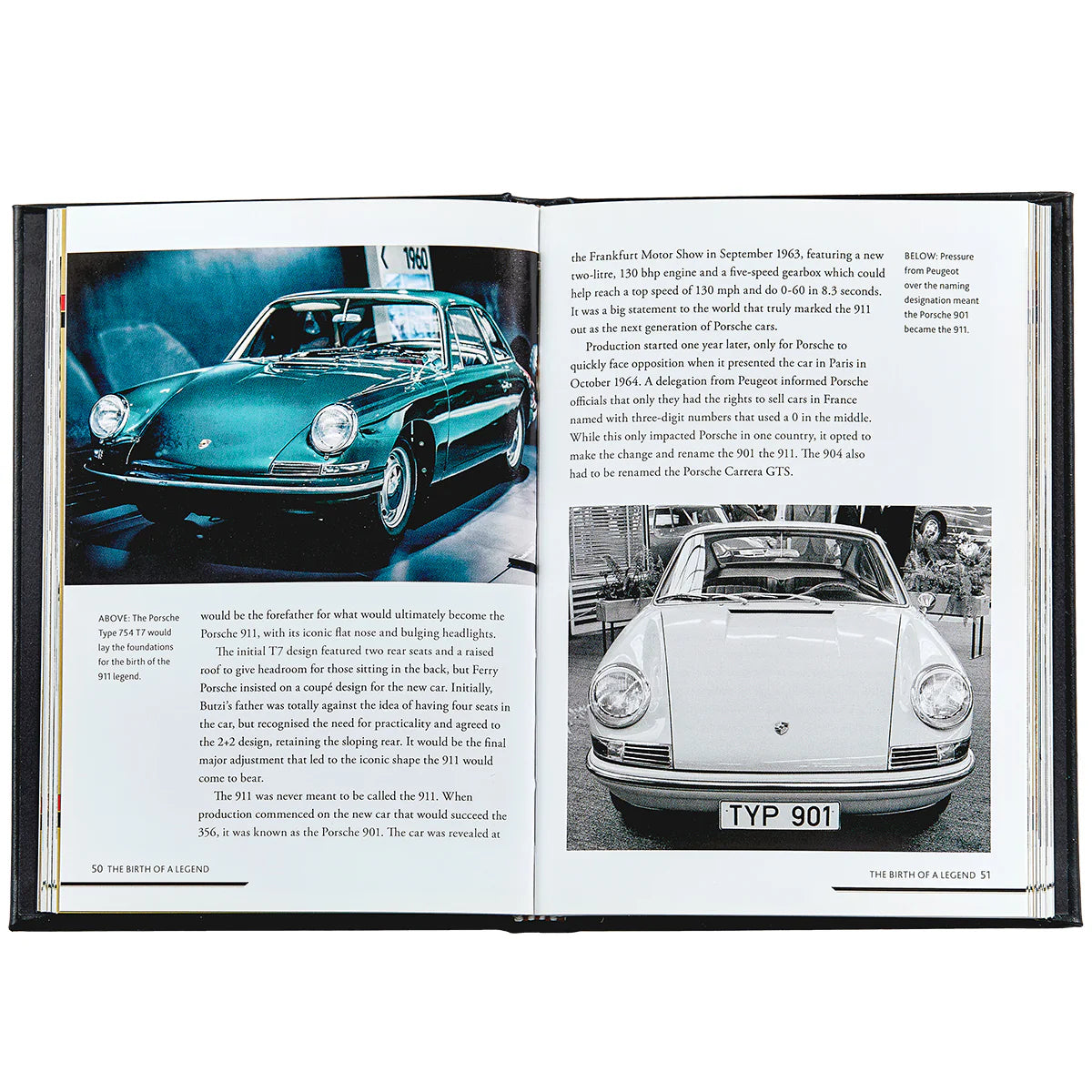 The Story Of Porsche Black Leather Book by Graphic Image features vintage car photos and text on Porsche's luxury history and race car models.