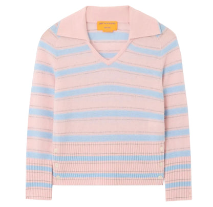 The Port Polo by Guest in Residence is a women's pink sweater with light blue stripes, a wide V-neck collar, ribbed hems and cuffs, side buttons, and is crafted from lightweight cashmere for elevated comfort.