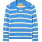 The Port Polo by Guest in Residence is a blue and white striped, lightweight cashmere long-sleeve sweater with a wide collar, V-neck, ribbed hem, and button details for comfort and style.