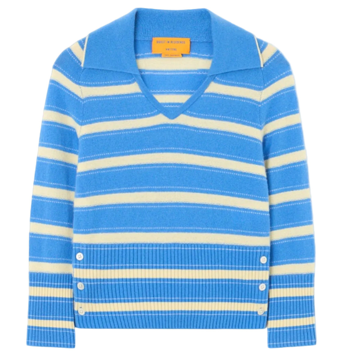 The Port Polo by Guest in Residence is a blue and white striped, lightweight cashmere long-sleeve sweater with a wide collar, V-neck, ribbed hem, and button details for comfort and style.