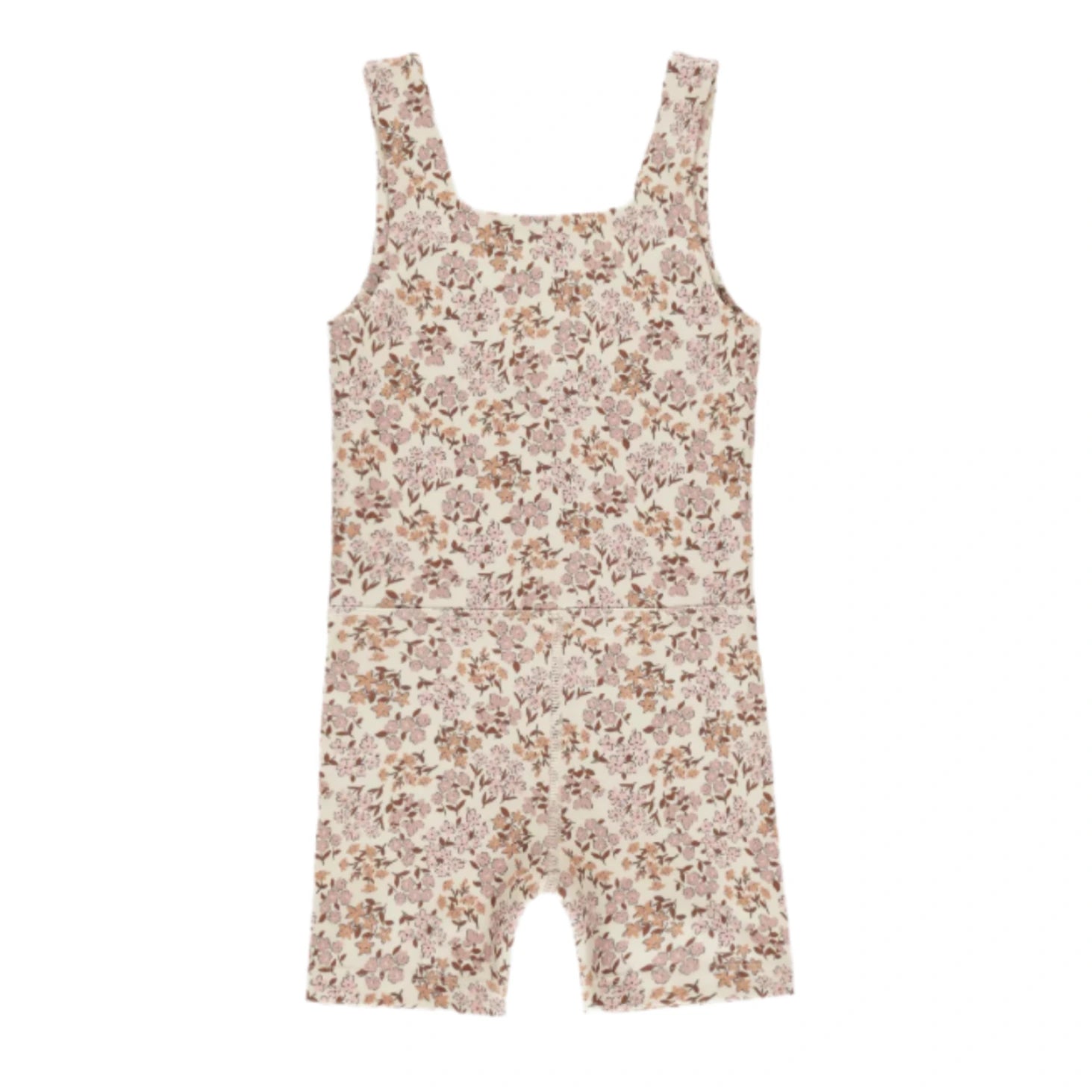 The Girls' Malibu Bodysuit by Rylee & Cru features a sleeveless, square-neck design with a fitted waist, short legs, and a beige background adorned with an all-over wildflower print inspired by the brand’s signature style.