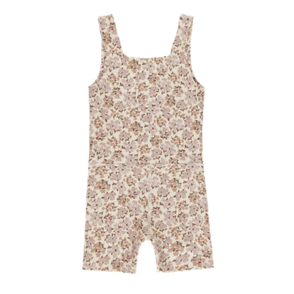 The Girls' Malibu Bodysuit by Rylee & Cru features a sleeveless, square-neck design with a fitted waist, short legs, and a beige background adorned with an all-over wildflower print inspired by the brand’s signature style.