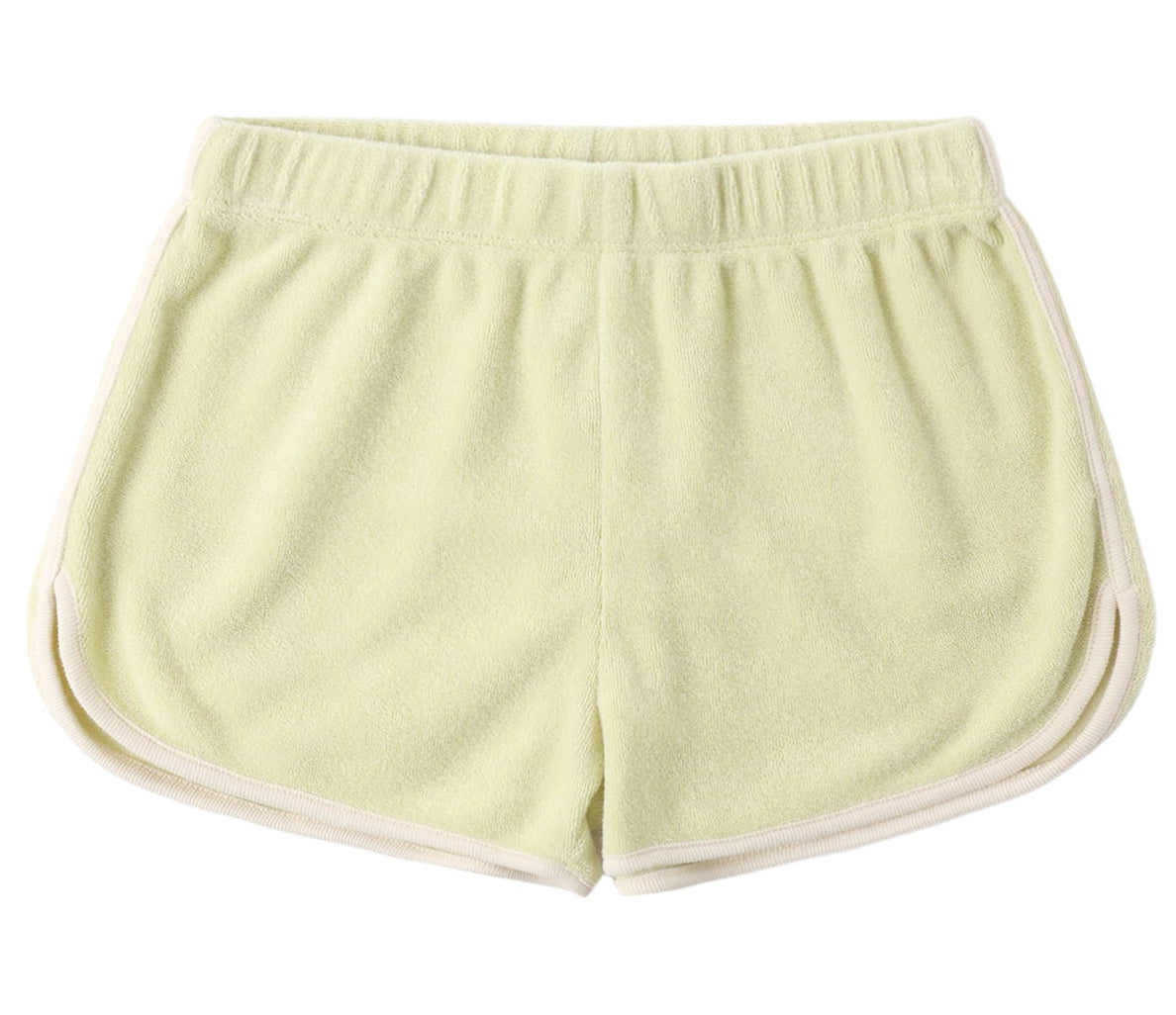The Girls' Track Short by Rylee & Cru is a light yellow terry cloth short with an elastic waistband and white trim, shown flat with the back up—ideal summer shorts for relaxed comfort.