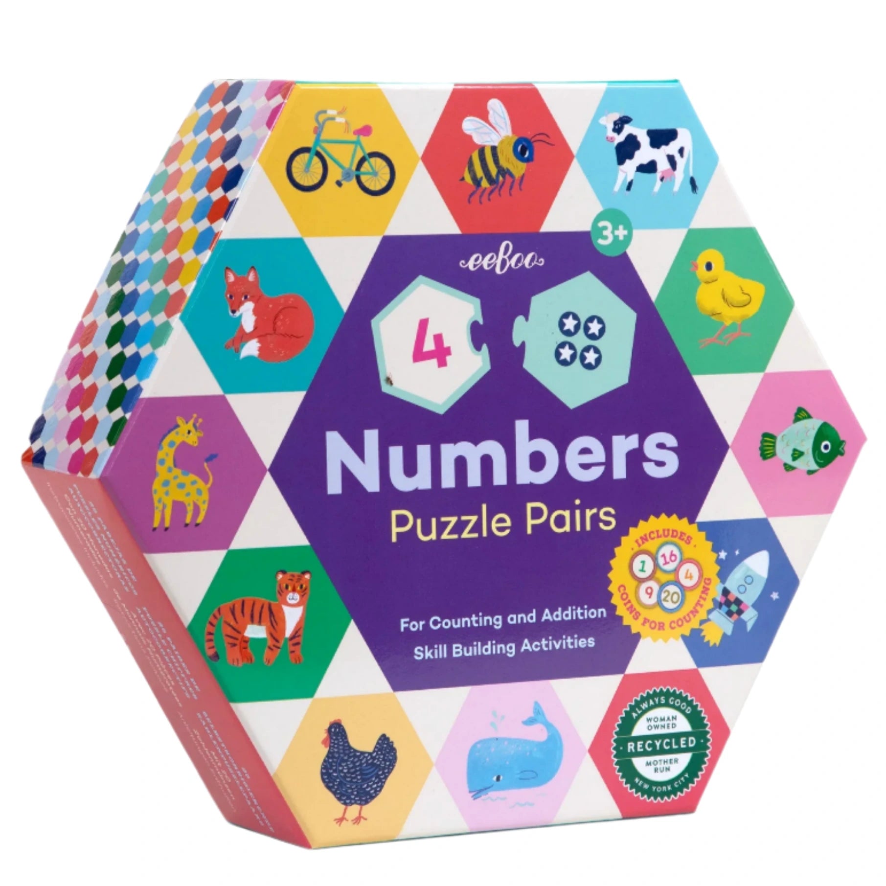 The Eeboo Numbers Hexagon Puzzle Pairs is a hexagon-shaped puzzle box with animal illustrations and numbers, designed for ages 3+ to teach counting and simple math skills.