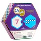 The Eeboo Numbers Hexagon Puzzle Pairs set includes 25 puzzle pairs and 20 counting coins, featuring number 7 and seven stars illustrations to support early math skills in a pre-math activity.