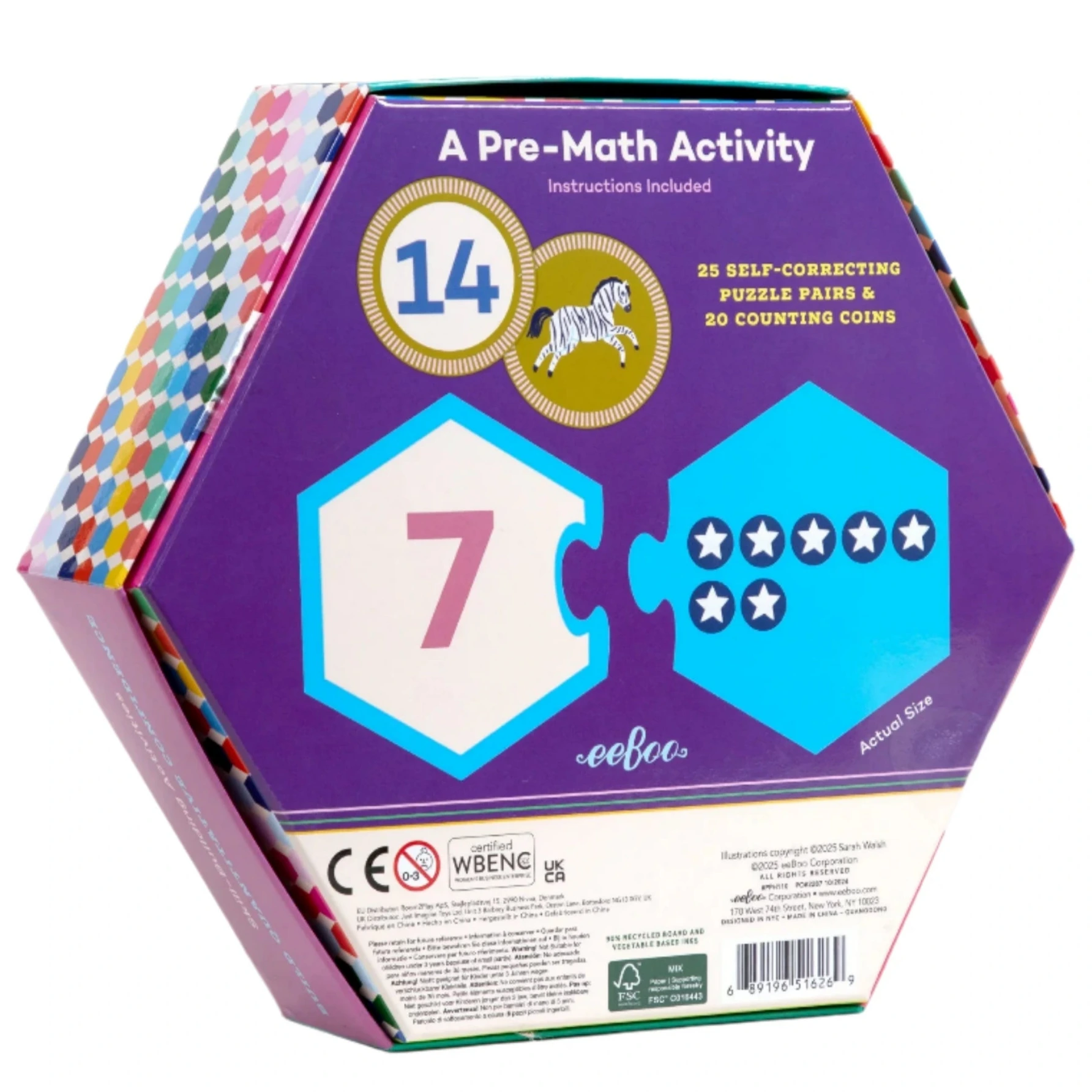 The Eeboo Numbers Hexagon Puzzle Pairs set includes 25 puzzle pairs and 20 counting coins, featuring number 7 and seven stars illustrations to support early math skills in a pre-math activity.
