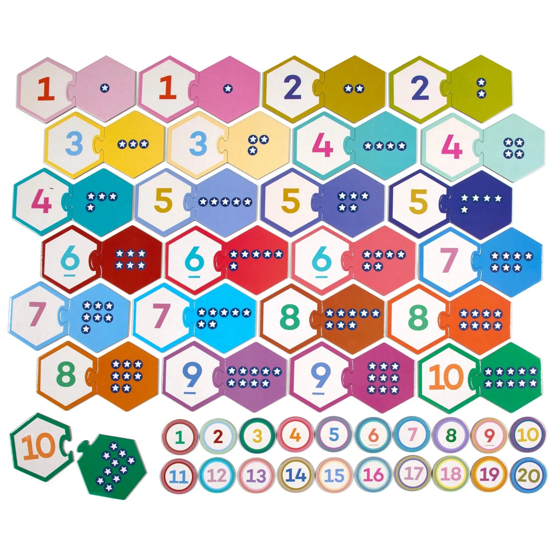 The Eeboo Numbers Hexagon Puzzle Pairs features a colorful hexagon puzzle with numbers 1-10 and matching dots, plus circular discs numbered 1-20, to help kids practice counting and simple math skills.