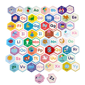 The Eeboo Alphabet Hexagon Pairing Puzzles features illustrated objects and animals representing each letter of the alphabet, arranged in six rows on a white background, making it an engaging tool for skill-building activities and learning to read.