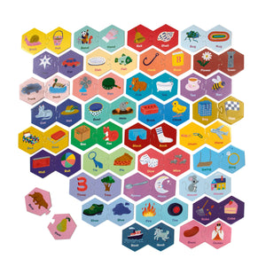 Eeboo’s Rhyming Words Hexagon Pairing Puzzles feature vibrant hexagon tiles illustrated by Sarah Walsh, each labeled with a word and depicting objects or animals; the tiles are grouped by background color and arranged in overlapping rows, creating an engaging pre-literacy activity to build essential skills.