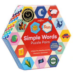 Eeboo’s Simple Words Hexagon Puzzle Pairs, designed for ages 3+, features colorful illustrations and award badges—perfect for fun skill-building activities and early reading through engaging hexagon puzzle play.