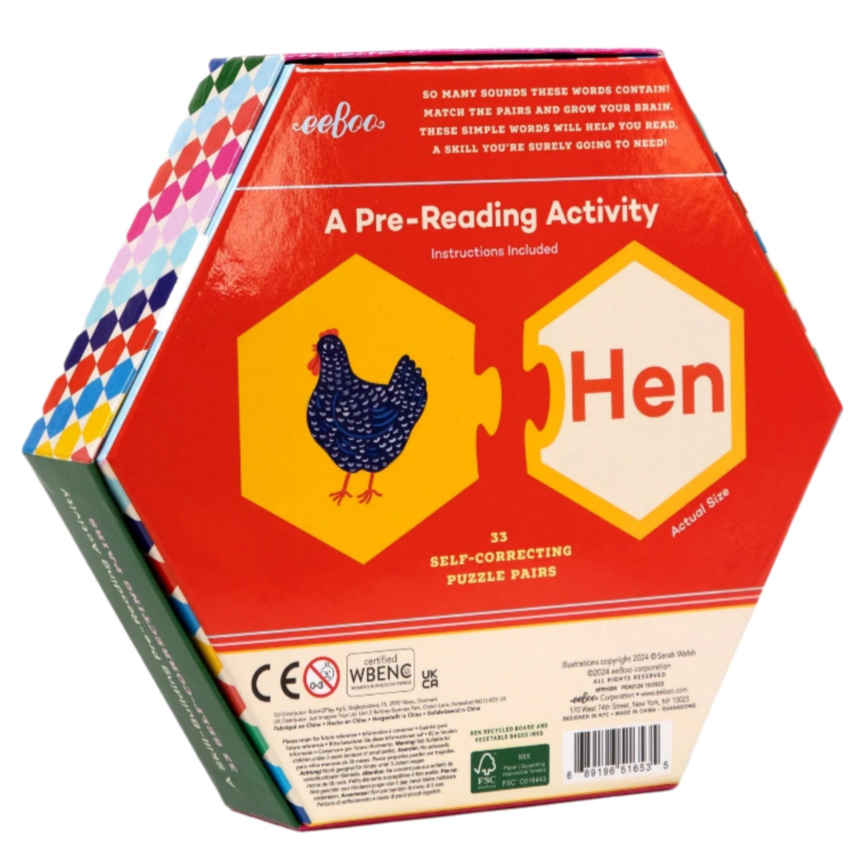 The Simple Words Hexagon Puzzle Pairs by Eeboo features a hen illustration with the word "Hen" on a yellow and red background—ideal for pre-reading, learning to read, and early skill-building activities.
