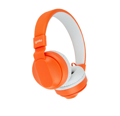 Yoto, Headphones Orange with white ear cushions and an adjustable headband, featuring lightweight durable construction and kid-safe volume limiting, branded with the name "Yoto" on the left ear cup.