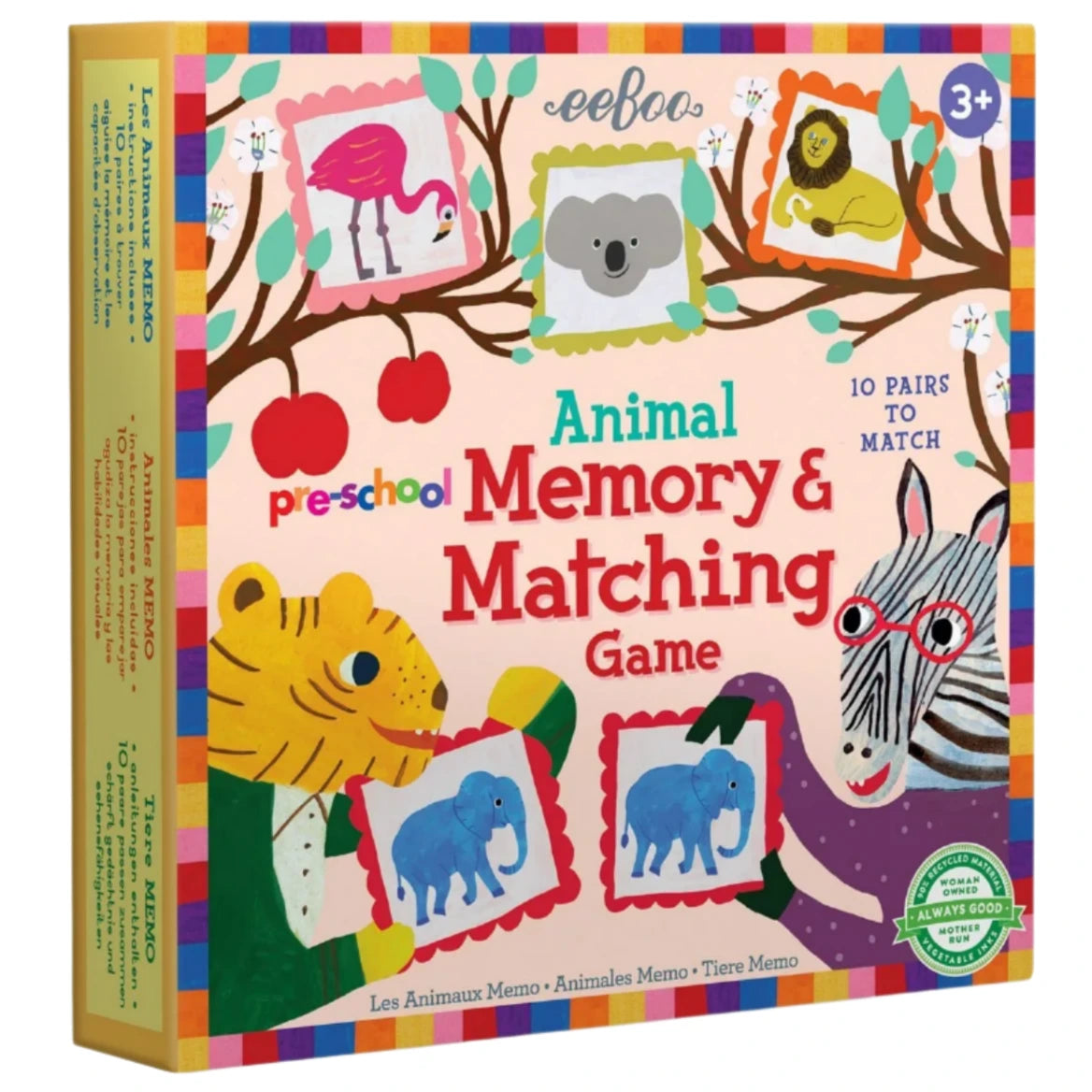 Eeboo’s Pre-School Animal Memory & Matching Game, for ages 3+, features 10 animal pairs to match, colorful art on a yellow and pink background, and helps build memory skills through fun play.