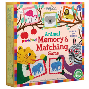Eeboo’s Pre-School Animal Memory & Matching Game, for ages 3+, features 10 animal pairs to match, colorful art on a yellow and pink background, and helps build memory skills through fun play.