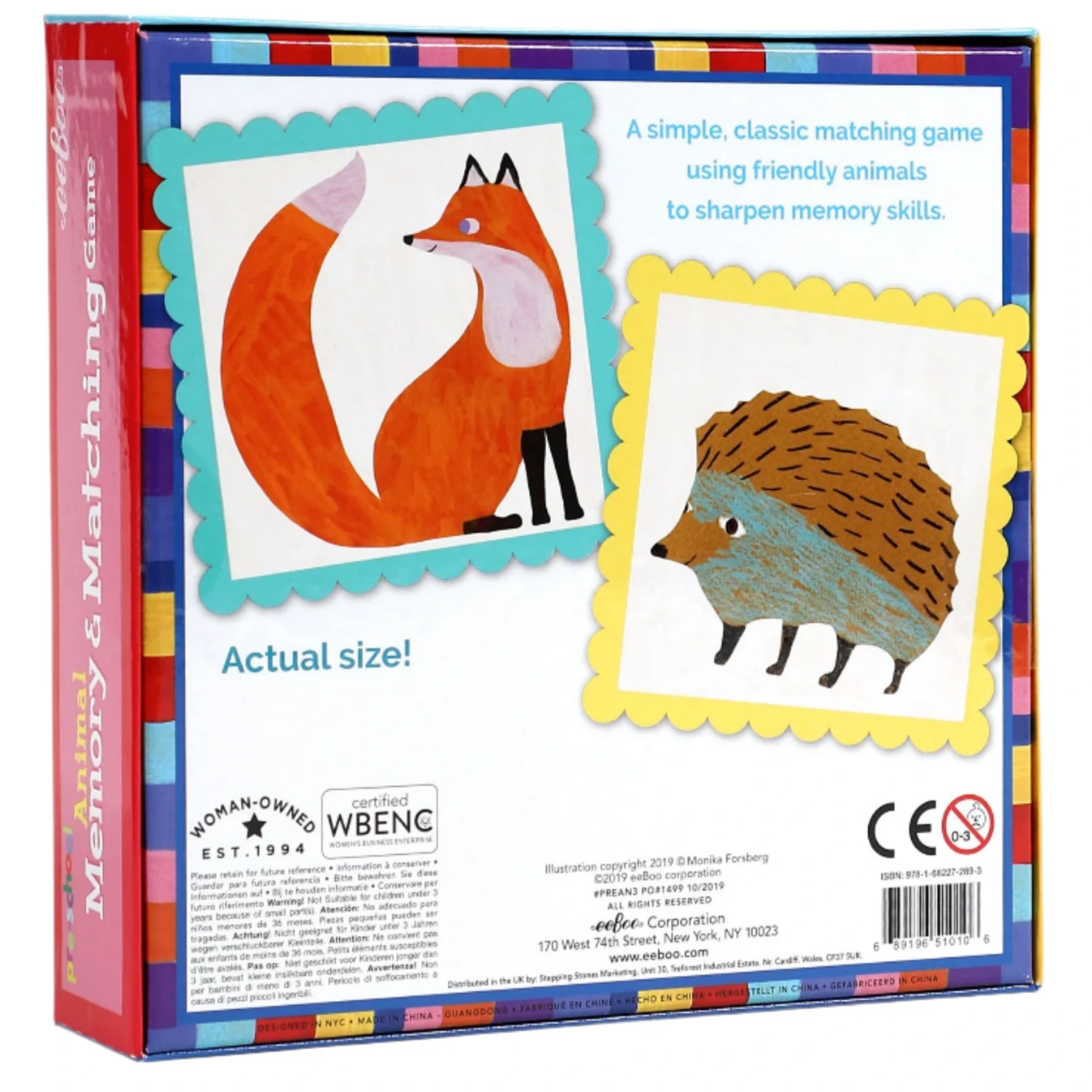 Back of the Eeboo Pre-School Animal Memory & Matching Game box, featuring charming fox and hedgehog illustrations and text about how this game helps develop children's memory and matching skills.
