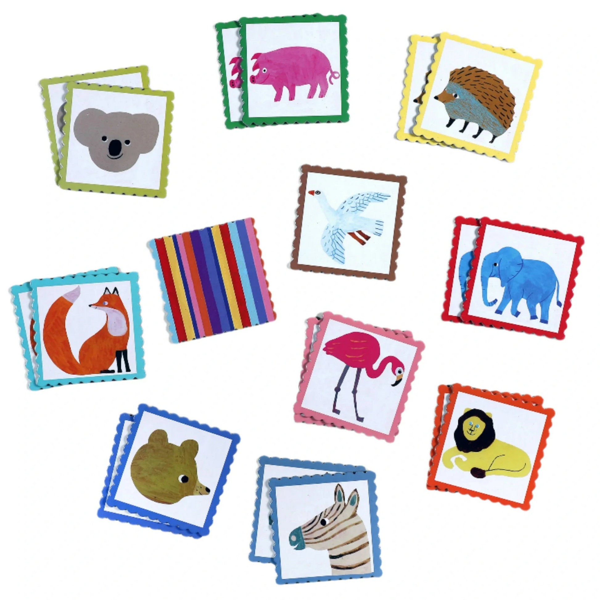 Eeboo’s Pre-School Animal Memory & Matching Game features illustrated cards—such as pig, hedgehog, lion, and zebra—scattered on a white surface, creating a fun way for kids to boost memory and matching skills.