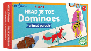 The Eeboo Animal Parade Head to Toe Dominoes comes in a rectangular box with illustrated animal dominoes on the front. This travel game is designed for children ages 3 and up.