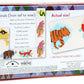 The back of the Eeboo Animal Parade Head to Toe Dominoes box displays illustrated animal dominoes, game instructions, and a sample piece at actual size—ideal for kids or as a portable travel game.