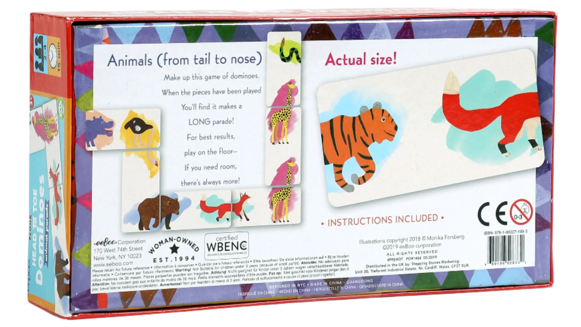 The back of the Eeboo Animal Parade Head to Toe Dominoes box displays illustrated animal dominoes, game instructions, and a sample piece at actual size—ideal for kids or as a portable travel game.