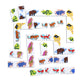 Rectangular Head to Toe Animal Parade Dominoes from Eeboo, adorned with illustrations of animals like snakes, giraffes, tigers, birds, and buffalos, are arranged in a winding pattern on a white background—making them the perfect companion for any travel game adventure.