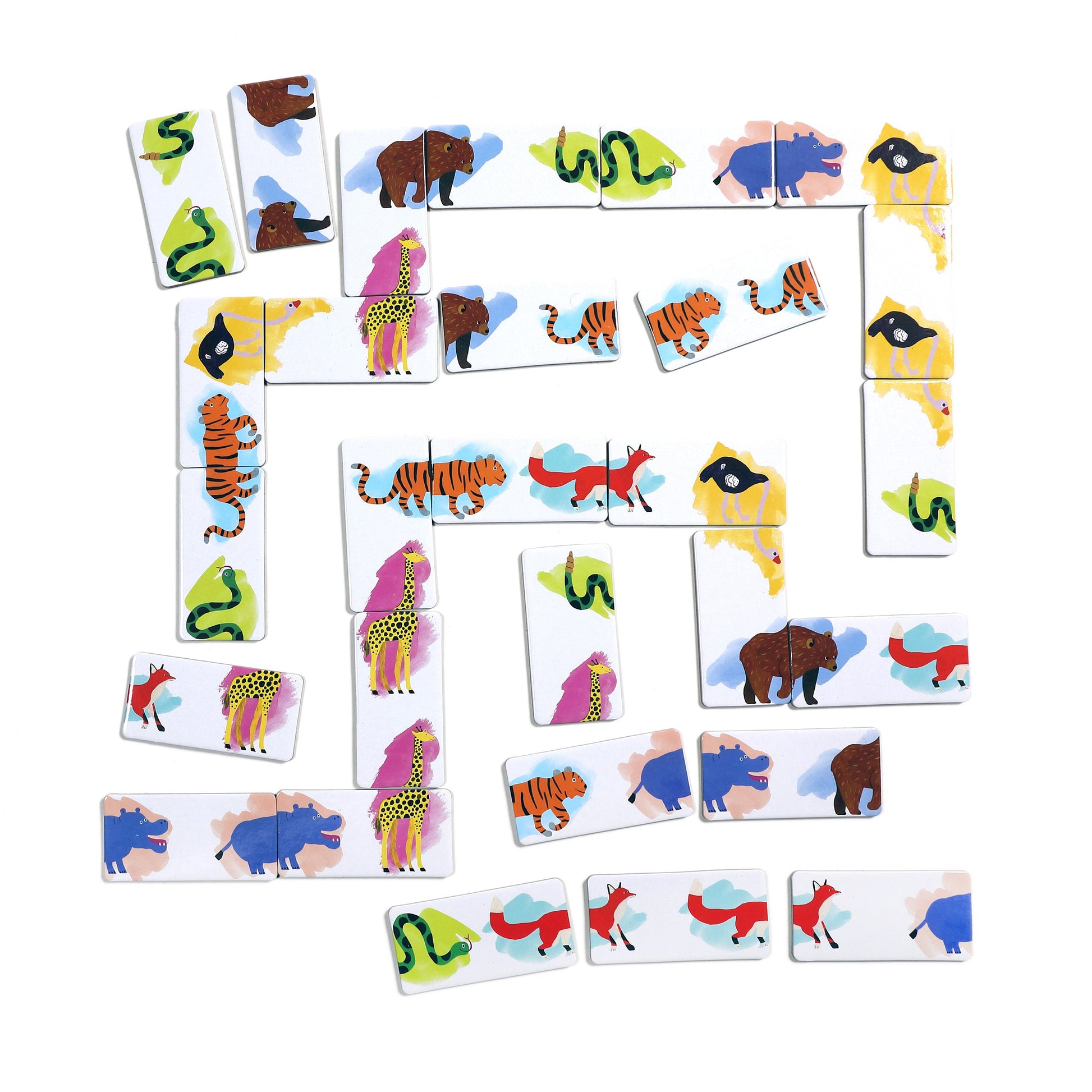 Rectangular Head to Toe Animal Parade Dominoes from Eeboo, adorned with illustrations of animals like snakes, giraffes, tigers, birds, and buffalos, are arranged in a winding pattern on a white background—making them the perfect companion for any travel game adventure.
