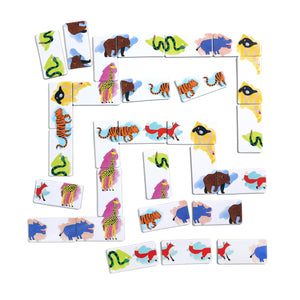 Rectangular Head to Toe Animal Parade Dominoes from Eeboo, adorned with illustrations of animals like snakes, giraffes, tigers, birds, and buffalos, are arranged in a winding pattern on a white background—making them the perfect companion for any travel game adventure.