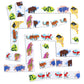Eeboo’s Animal Parade Head to Toe Dominoes, featuring snakes, tigers, giraffes, buffalo, elephants, gazelles, and birds in a zigzag on a white surface—an ideal travel game for children.