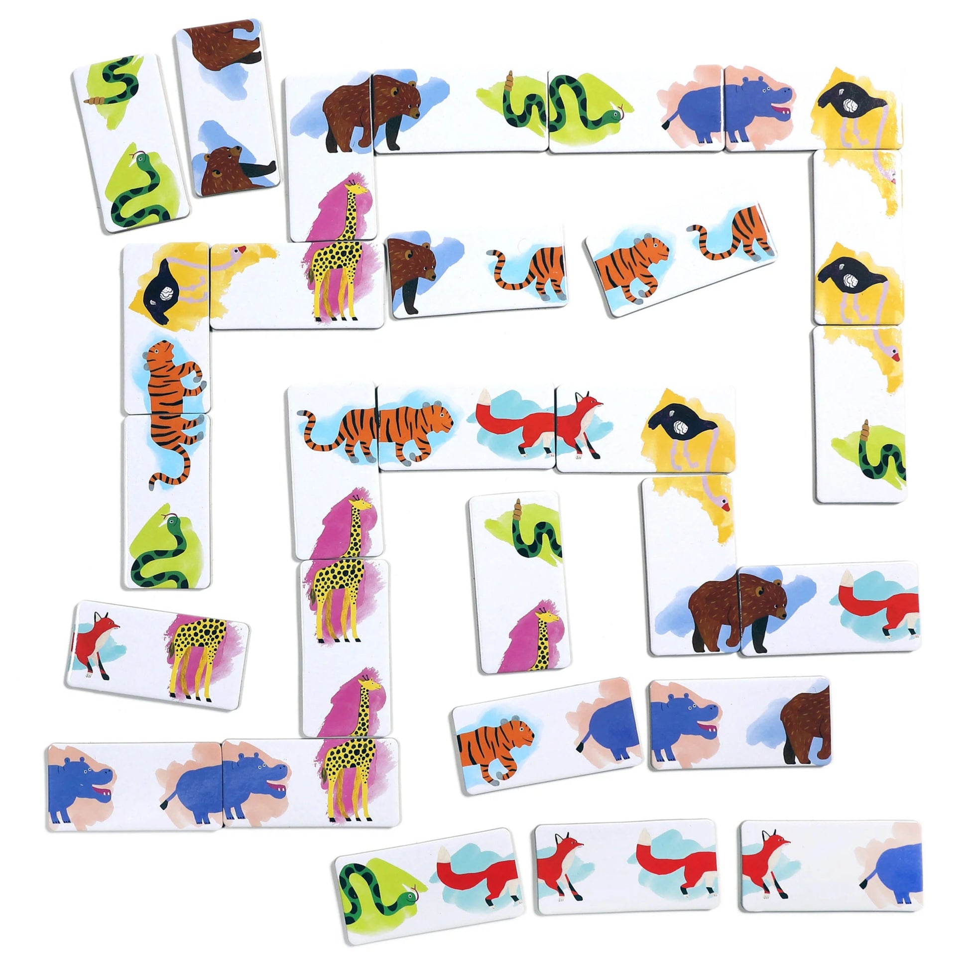 Eeboo’s Animal Parade Head to Toe Dominoes, featuring snakes, tigers, giraffes, buffalo, elephants, gazelles, and birds in a zigzag on a white surface—an ideal travel game for children.