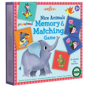Eeboo's Pre-school Nice Animals Memory Game features colorful cartoon animal cards for ages 3+, with 10 matching pairs. This fun tabletop game is perfect for preschoolers to build memory and matching skills.