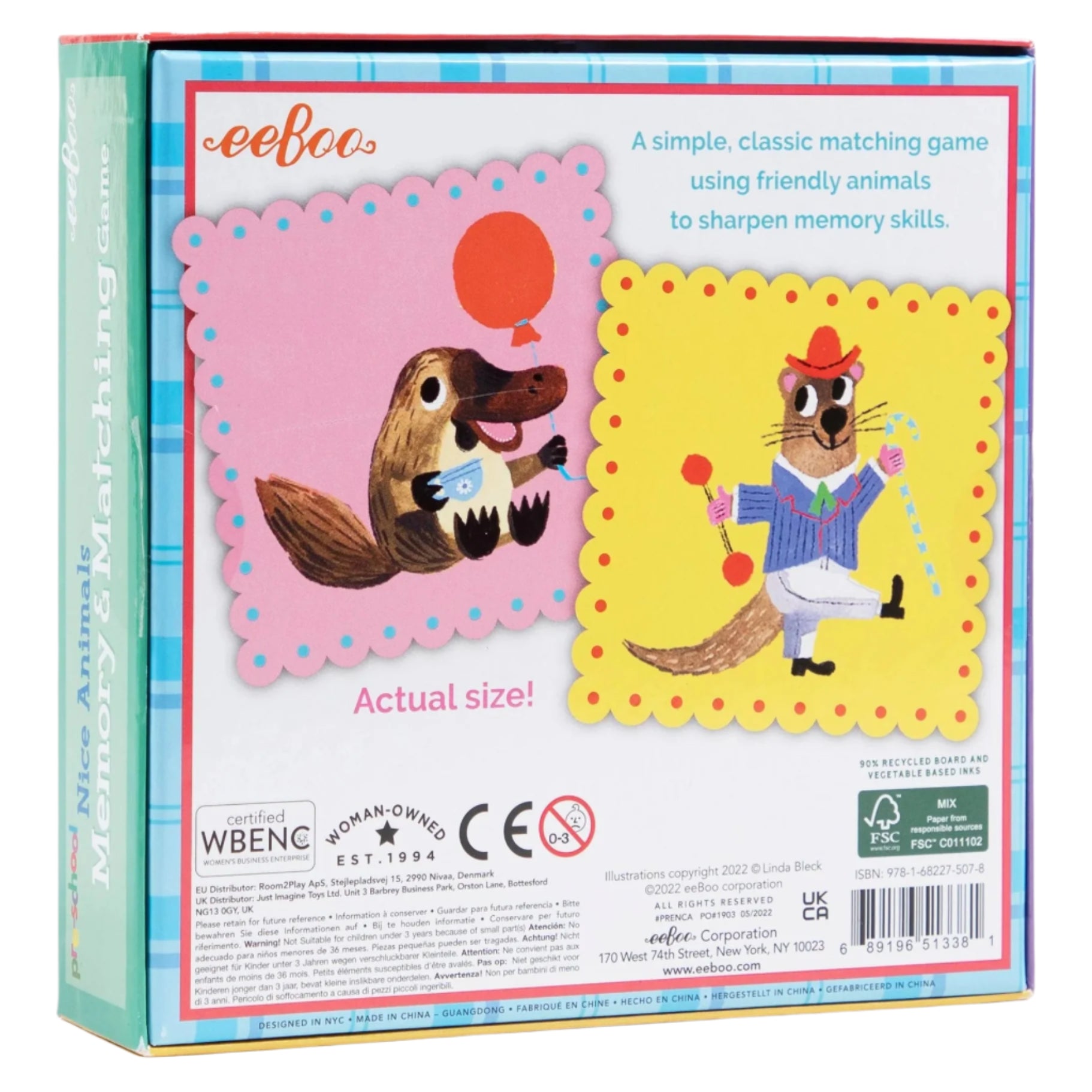 The back of the Eeboo Pre-school Nice Animals Memory Game box shows playful cartoon animals with food, clear product details, and sustainability certifications—making it an ideal, eco-friendly kids’ tabletop game.