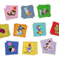 Ten pairs of Pre-school Nice Animals Memory Game cards by Eeboo are arranged on a white surface, each featuring a unique cartoon animal. This colorful matching game is both fun and educational, perfect for kids.