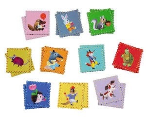 Ten pairs of Pre-school Nice Animals Memory Game cards by Eeboo are arranged on a white surface, each featuring a unique cartoon animal. This colorful matching game is both fun and educational, perfect for kids.