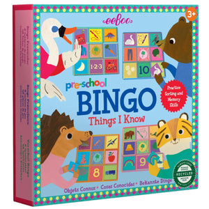 Eeboo's "Preschool Things I Know Bingo" is a colorful game for ages 3+, featuring animal illustrations and educational icons—ideal for family play and vocabulary practice.