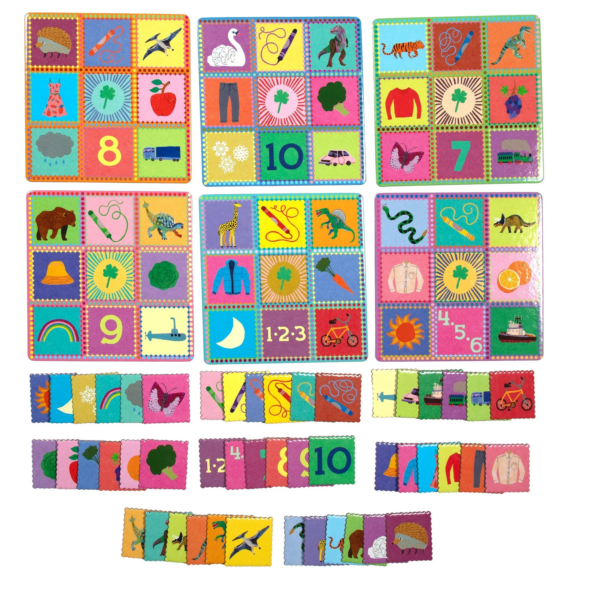 Eeboo’s Preschool Things I Know Bingo features colorful educational boards and matching pieces with numbers, animals, objects, and symbols—ideal for family play or building vocabulary—arranged in groups on a white background.