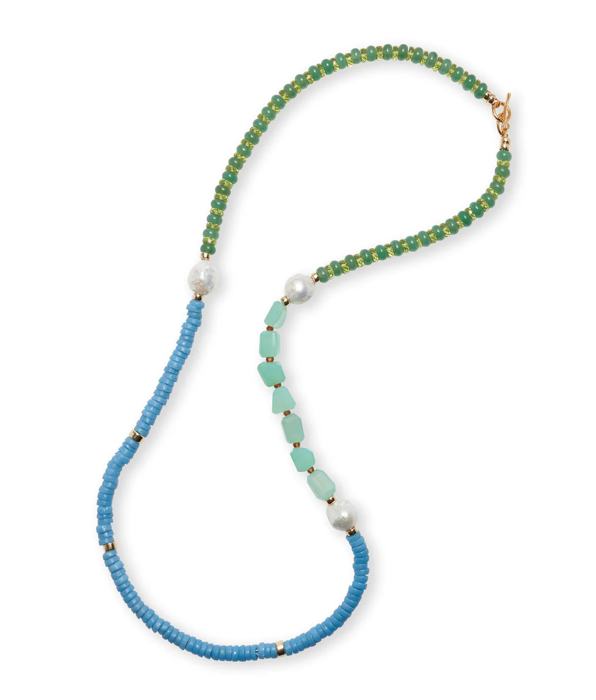 The Cabana Necklace by Lizzie Fortunato shines with green, blue, and aqua semiprecious beads, accented by large white pearls and a gold clasp, making it a vibrant addition to any jewelry collection.