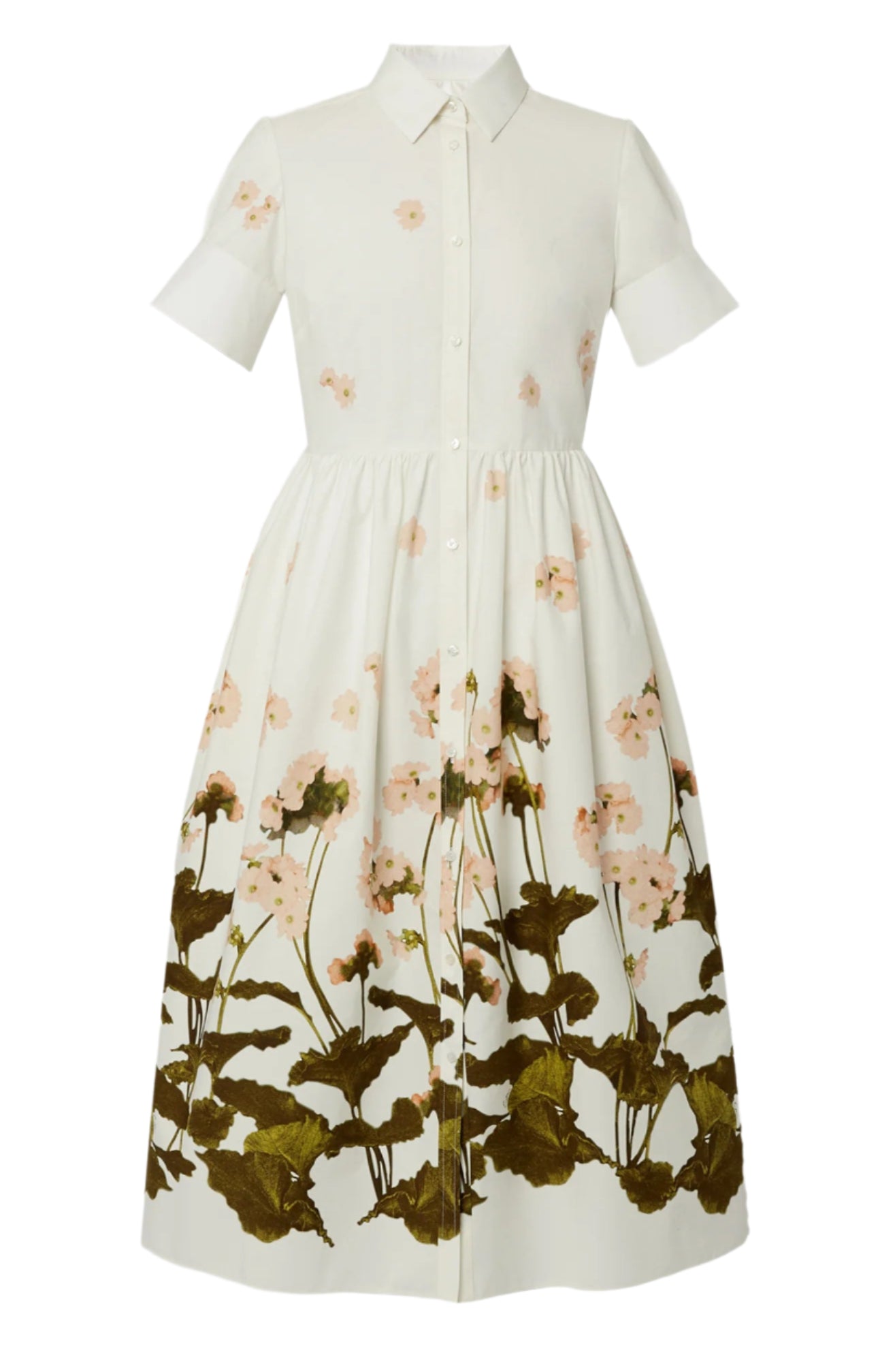 The Erdem Short Sleeve Midi Shirt Dress by Erdem features a button-up front and voluminous skirt adorned with 1920s-inspired pink flower and green leaf patterns.