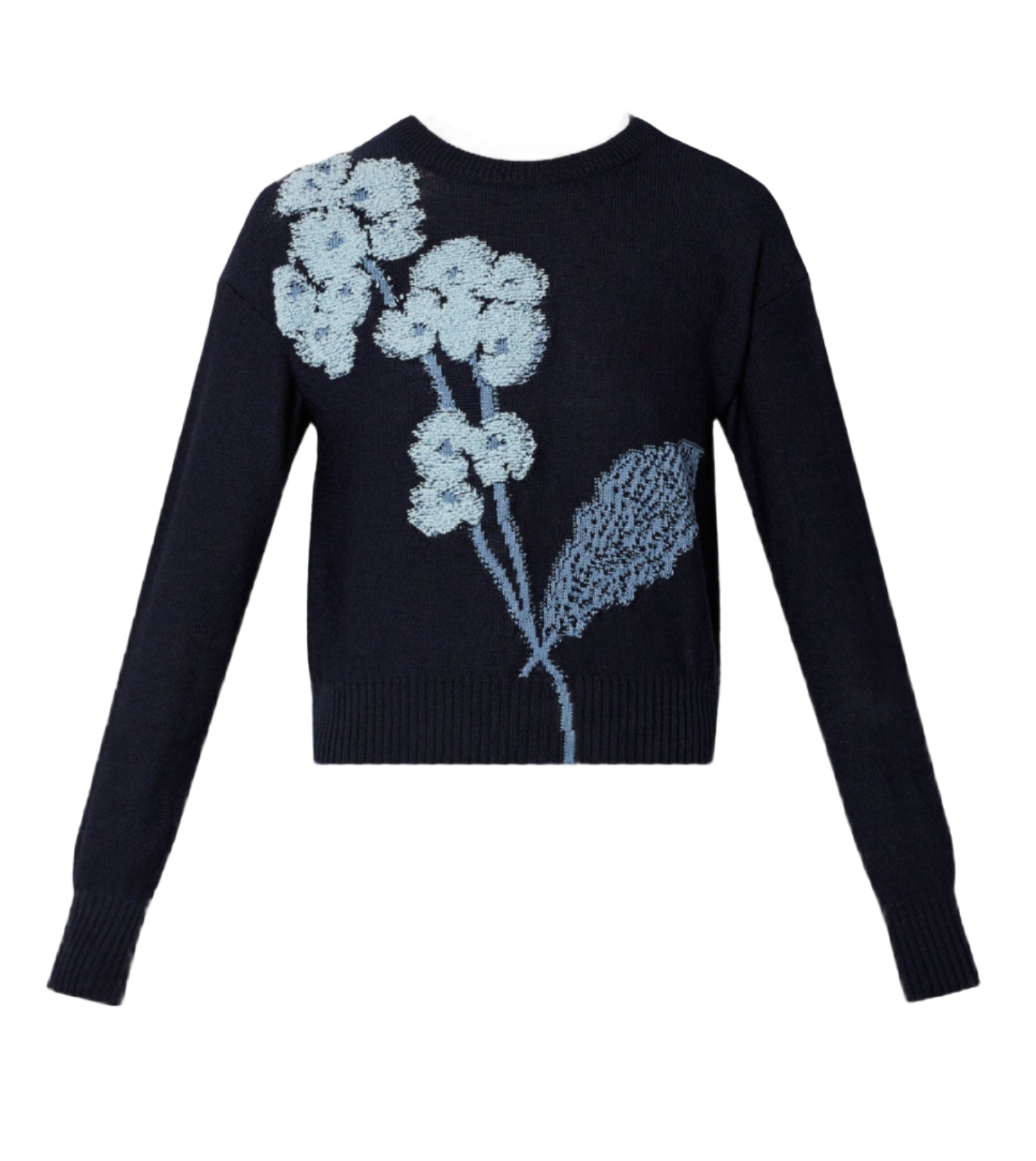 The Erdem Cropped Jumper is an intarsia-knitted black sweater with a light blue floral design on the front, crafted from soft merino wool. It features long sleeves and a classic crew neckline, blending timeless elegance with modern style.