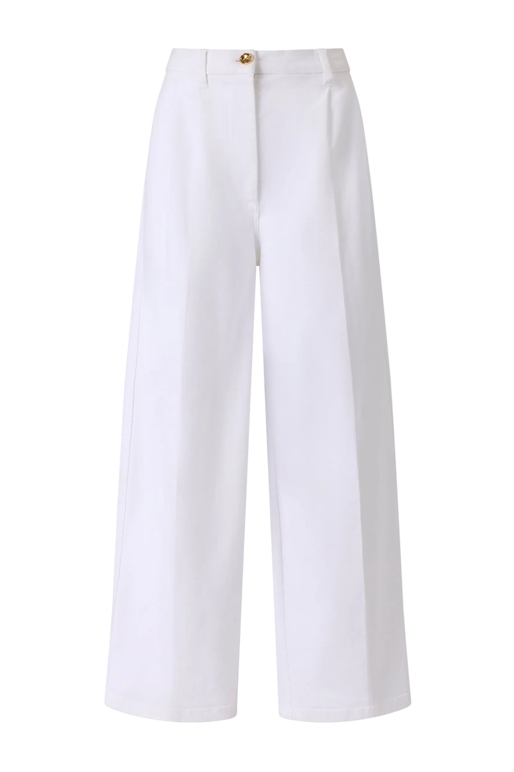 The Dash Pant by Altuzarra features a high waist, front button and zip closure, pressed center creases, and a modern cropped barrel-leg silhouette in wide-leg white tailoring.