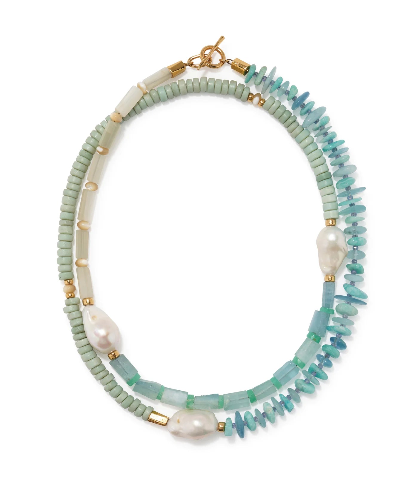 The Cabana Necklace by Lizzie Fortunato features double strands with light green and turquoise beads, irregular white pearls, gold accents, and a gold clasp.
