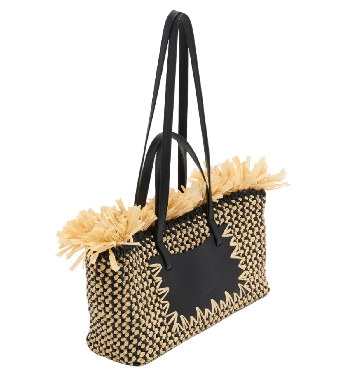The Lali Small East West Tote by Ulla Johnson features a black and beige checker pattern, fringed straw trim, black double handles, and a sleek leather accent—a chic raffia woven bag for any occasion.