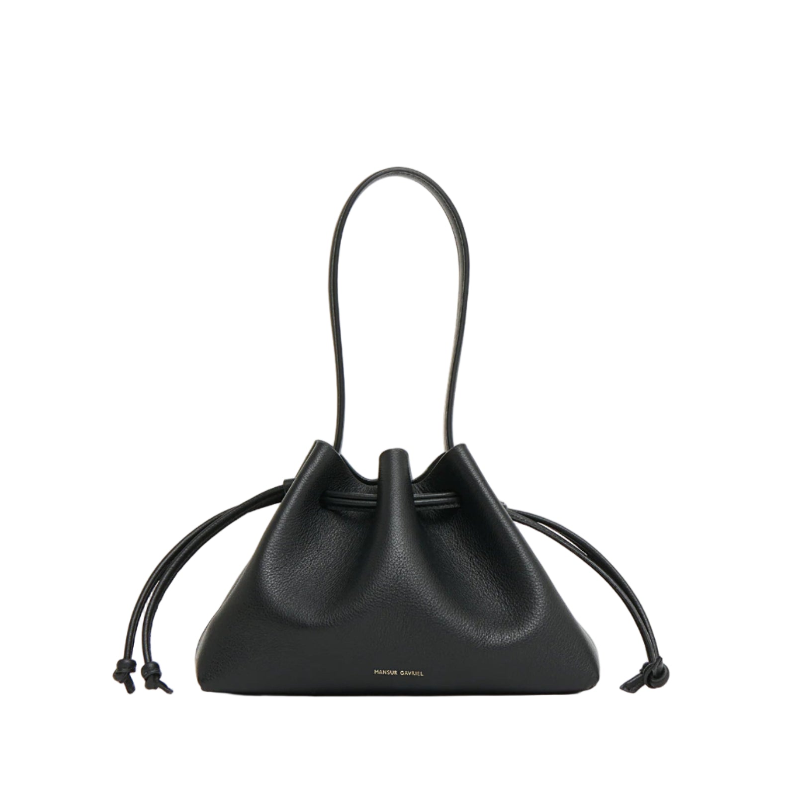The Mansur Gavriel Drawstring Pouchette is a black compact Italian leather handbag with two top handles, side knots, and minimal gold branding at the bottom—ideal for carrying your essentials.