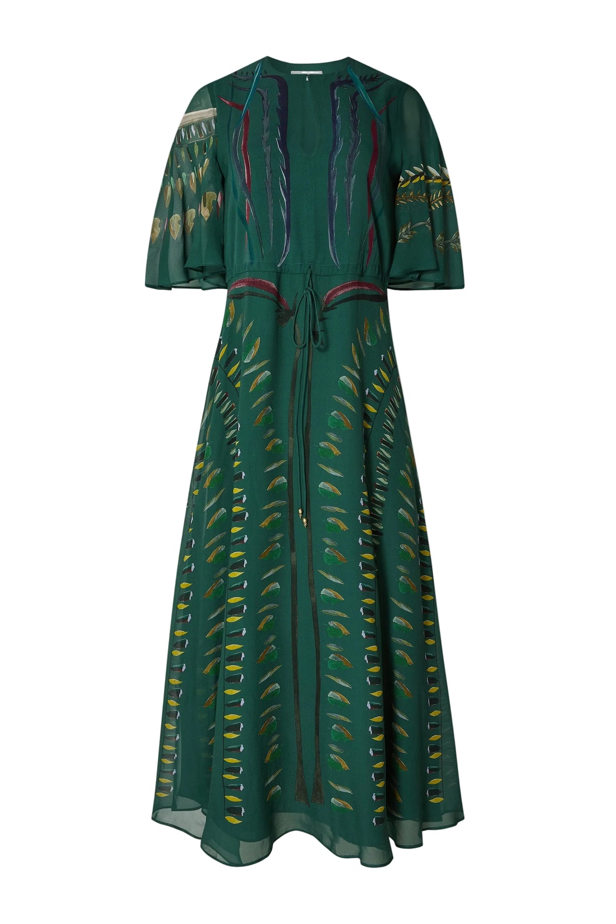 The Thessaly Dress by Altuzarra is a long, green silk dress with short sleeves and a tie waist, featuring an elegant leaf-patterned design in yellow, blue, and brown tones on the front and sleeves—an exquisite piece inspired by classic Italian style.